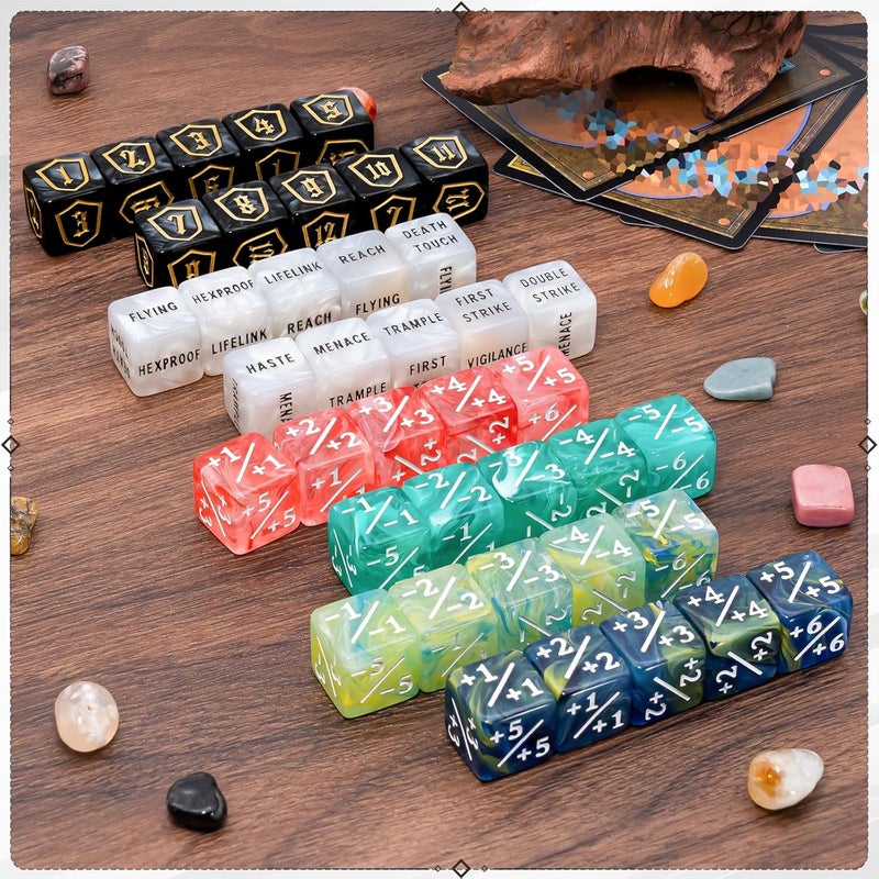 Tinzum 60 Pieces MTG Dice Set with Keyword Token Dice & Plus 1 Life Counter & Shield in 6 Colors for MTG, Cards Gaming Accessories - Image 4